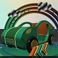 Cartoon Style Green Car With Rainbow Clouds Tree And Traffic Signs On Track