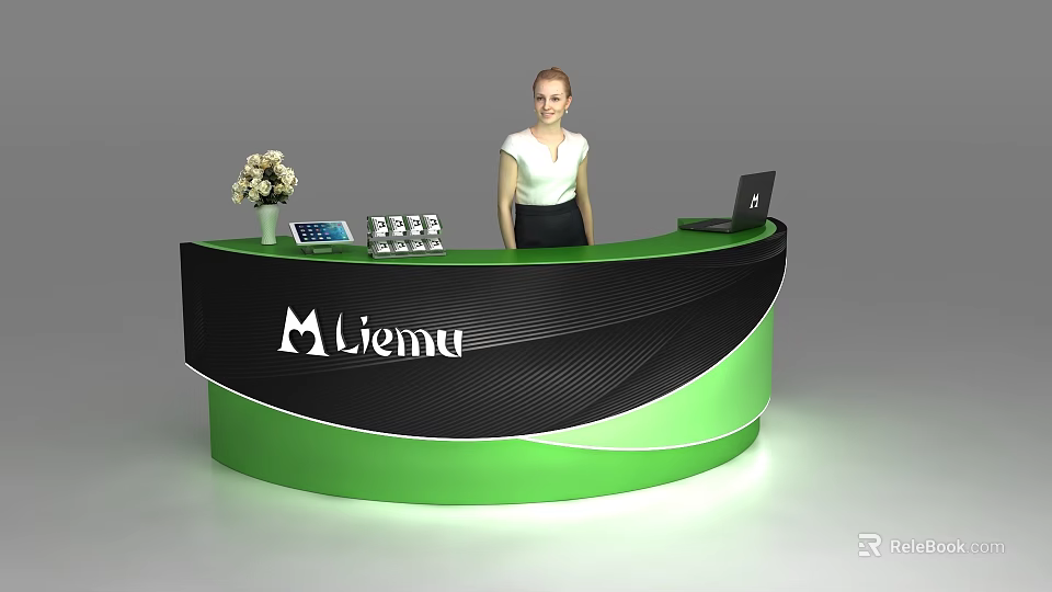 Modern Black And Green Reception Desk With Mliemu Logo Flower Vase Calculator Laptop 3d model 