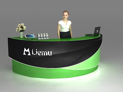 Modern Black And Green Reception Desk With Mliemu Logo Flower Vase Calculator Laptop 3d model