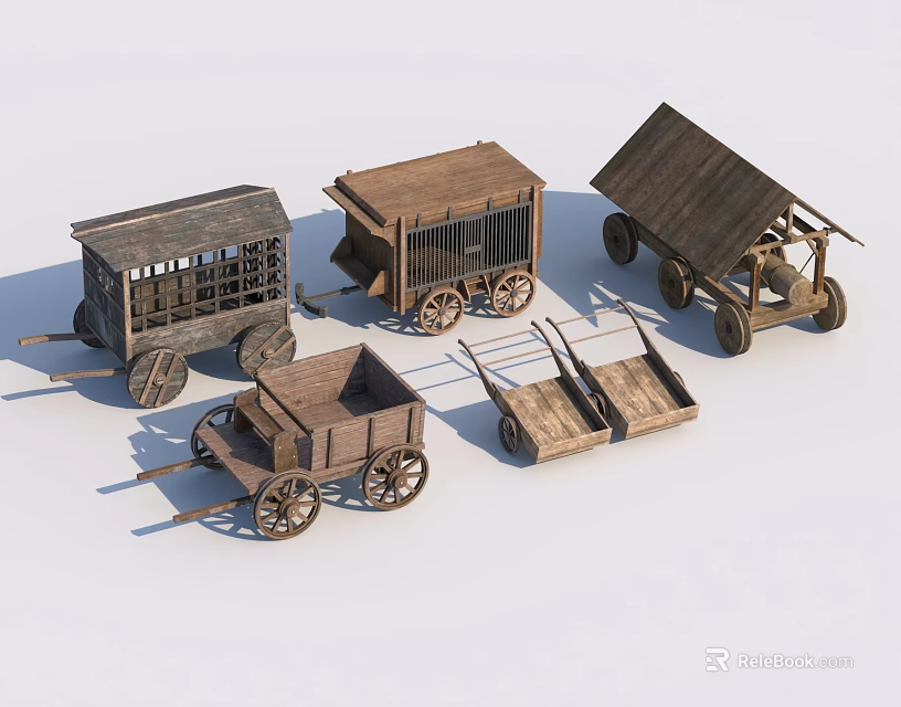 Ancient Wooden Carts Scene Components With Various Types And Classic Wheel Structures 3d model