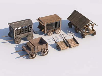 Ancient Wooden Carts Scene Components With Various Types And Classic Wheel Structures 3d model