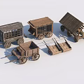 Ancient Wooden Carts Scene Components With Various Types And Classic Wheel Structures 3d model