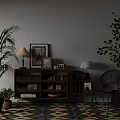 Stylish Entryway Cabinet and Side Cabinet with Potted Plants Table Lamps and Framed Art