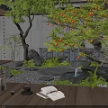 Japanese Style Courtyard Garden With Maple Trees Stone Lantern Small Fountain And Wooden Flooring