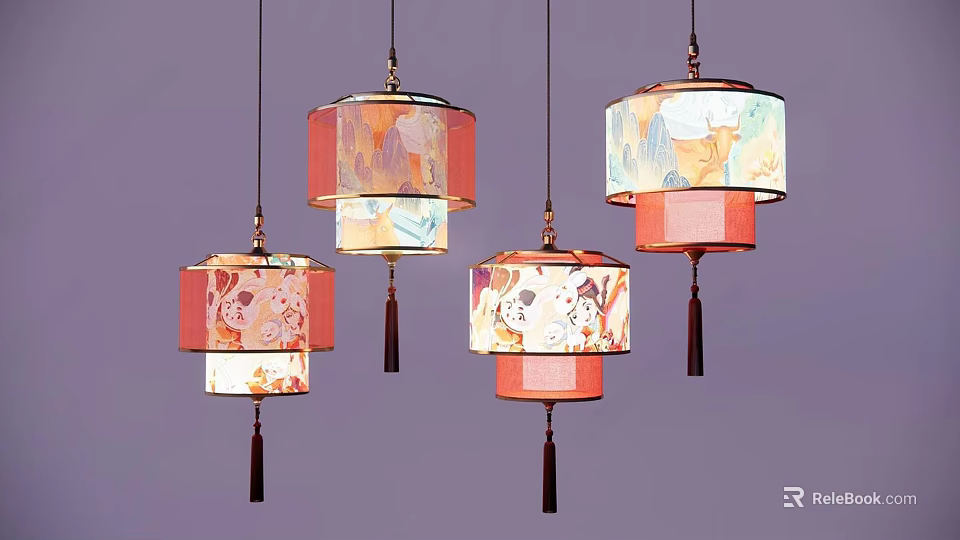 Traditional Decorative Hanging Lanterns In Pink Red With Colorful Patterns And Tassels 3d model 