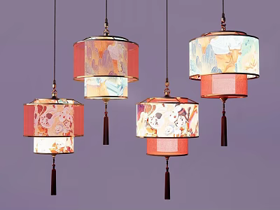 Traditional Decorative Hanging Lanterns In Pink Red With Colorful Patterns And Tassels 3d model