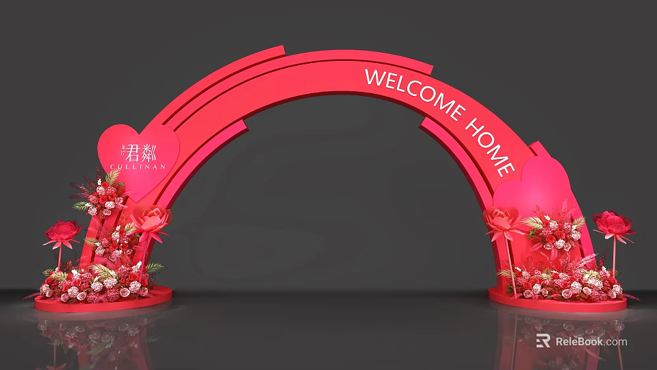 Red Arch Photo Check-in Spot With WELCOME HOME Lettering Junlin Sign and Red Flower Decorations 3d model 