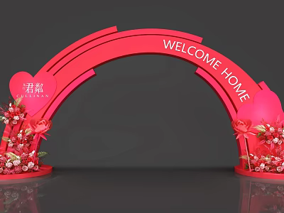 Red Arch Photo Check-in Spot With WELCOME HOME Lettering Junlin Sign and Red Flower Decorations 3d model