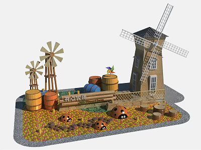 Picturesque Countryside Scenery With Wooden Windmills Barrels Ladybugs Fence And Colorful Ground 3d model