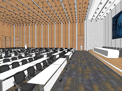 Spacious Conference Room Interior With Wooden Walls Ceiling Structure Tables Chairs Lectern And Large Screen 3d model