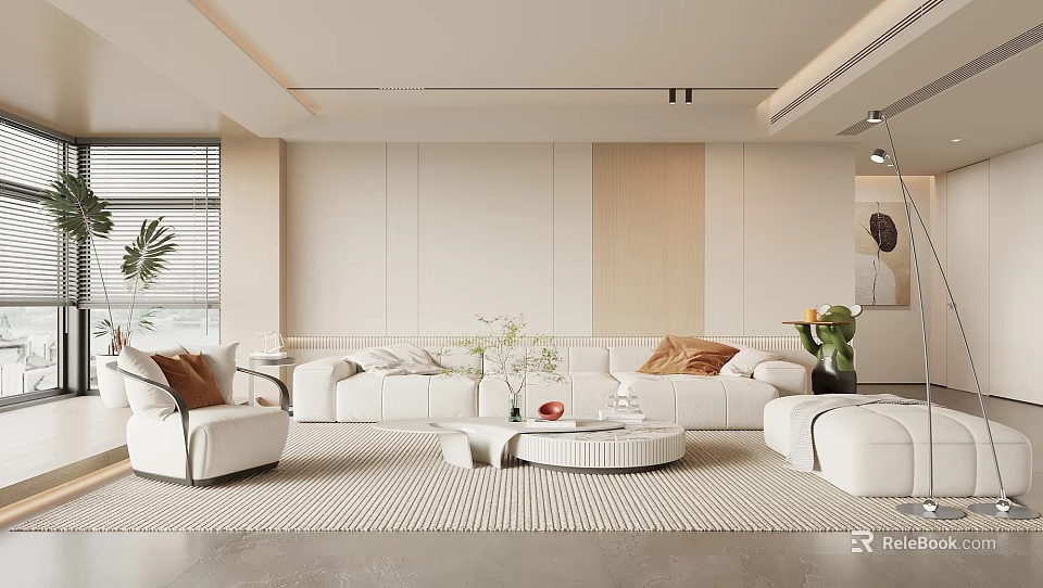 Modern Minimalist Living Room Interior With White Sofa Armchair Round Coffee Table And Green Plants 3d model 