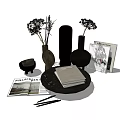 Stylish Decorative Ornament Set with Vases Dried Flowers Sculpture Books Magazine and Scissors