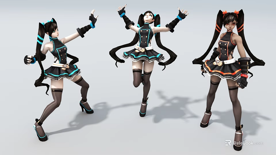 Anime Style Female Game Characters Twin Ponytails Dancing Poses Black Skirts High Socks Heels Colorful Accents 3d model 