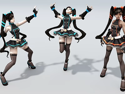 Anime Style Female Game Characters Twin Ponytails Dancing Poses Black Skirts High Socks Heels Colorful Accents 3d model
