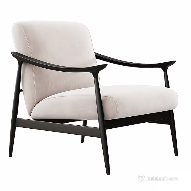Modern Beige Upholstered Accent Chair With Black Armrest And Wooden Legs 3d model 