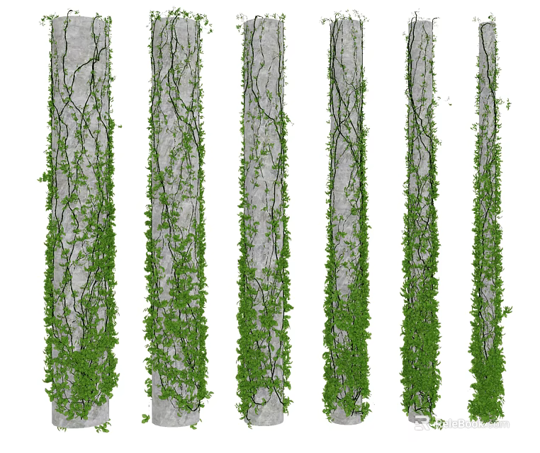 Lush Green Vines Climbing Gray Concrete Pillars in Outdoor Garden Space 3d model 
