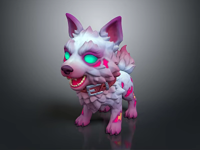 Cute Pink And White Stuffed Dog Doll With Green Eyes And Spiky Fur 3d model