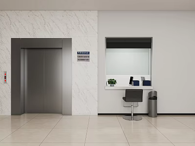 Modern Service Hall Interior With Elevator Marble Wall And Service Window 3d model