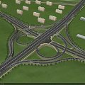 Multi Level Highway Bridge With Circular Loops Intersecting Roads Green Grasslands And White Buildings 3d model