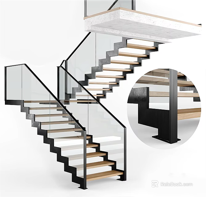 Modern Staircase Design With Glass Railing Wooden Steps And Metal Frame 3d model 