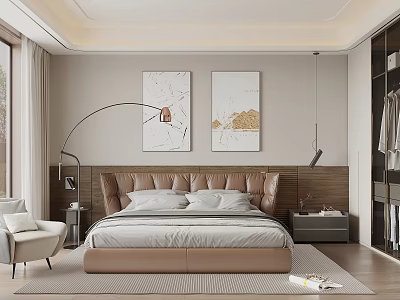 Modern Bedroom Interior With Leather Bed Wall Paintings Floor Lamp And Nightstands 3d model
