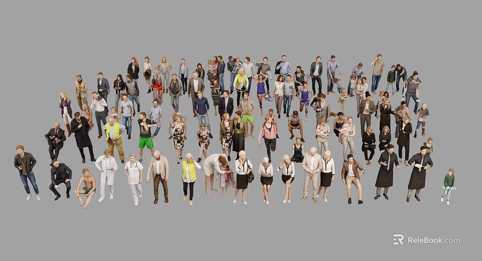 Diverse Group of People in Various Casual Wear and Different Poses on Gray Background 3d model 