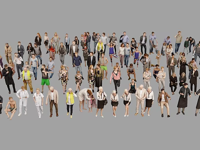 Diverse Group of People in Various Casual Wear and Different Poses on Gray Background 3d model