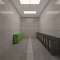 Narrow Corridor With Gray Walls Ceiling Lights Black Door Lined With Colored Trash Bins