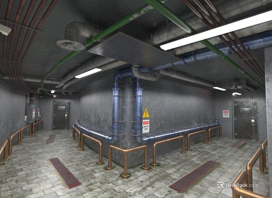 Elevator Passage Featuring Green Blue Pipes Metal Railings Gray Walls Warning Sign 3d model 