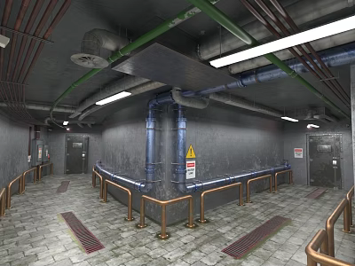Elevator Passage Featuring Green Blue Pipes Metal Railings Gray Walls Warning Sign 3d model