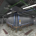 Elevator Passage Featuring Green Blue Pipes Metal Railings Gray Walls Warning Sign