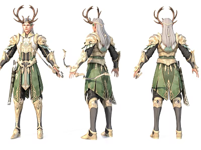Fantasy Game Character With Antler Headdress Green Gold Armor Intricate Details Long Hair Three Views 3d model