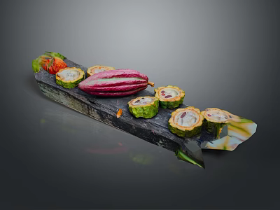 Vibrant Fresh Fruits Including Strawberry And Purple Dragon Fruit On Black Slate Platter 3d model
