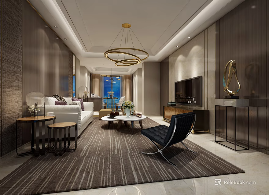 Modern Living Room Interior Design With White Sofa Striped Rug And Chandelier 3d model 
