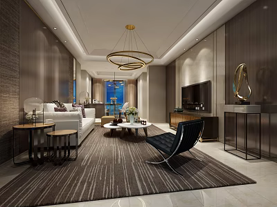 Modern Living Room Interior Design With White Sofa Striped Rug And Chandelier 3d model