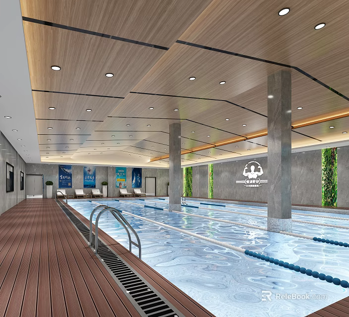 Modern Indoor Swimming Pool Interior Design With Wooden Ceiling Columns And Green Plants 3d model 
