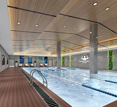 Modern Indoor Swimming Pool Interior Design With Wooden Ceiling Columns And Green Plants 3d model