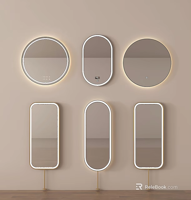 Lighted Wall Mounted Mirrors in Various Shapes with LED Frames on Beige Wall 3d model 