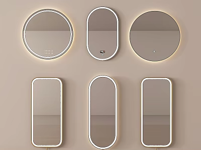 Lighted Wall Mounted Mirrors in Various Shapes with LED Frames on Beige Wall 3d model