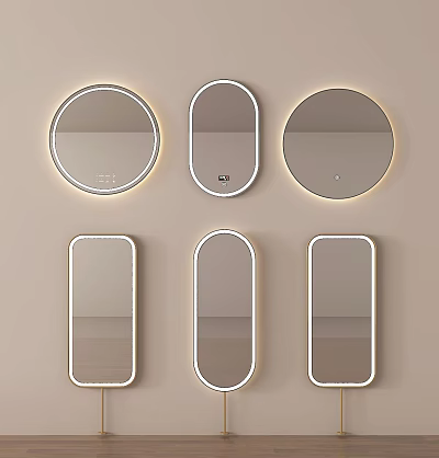 Lighted Wall Mounted Mirrors in Various Shapes with LED Frames on Beige Wall 3d model