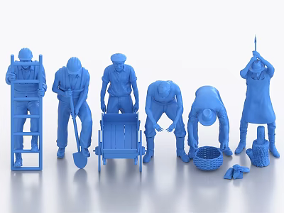 Group of Blue Worker Figurines With Construction Tools Like Ladder Wheelbarrow And Basket 3d model