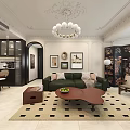Modern Dining and Living Room with Green Sofa Throw Pillows Wooden Coffee Table and Chandelier