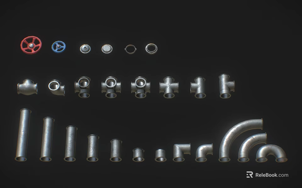 Industrial Metal Pipes And Fittings Including Elbows Tees Straight Tubes And Connectors 3d model 