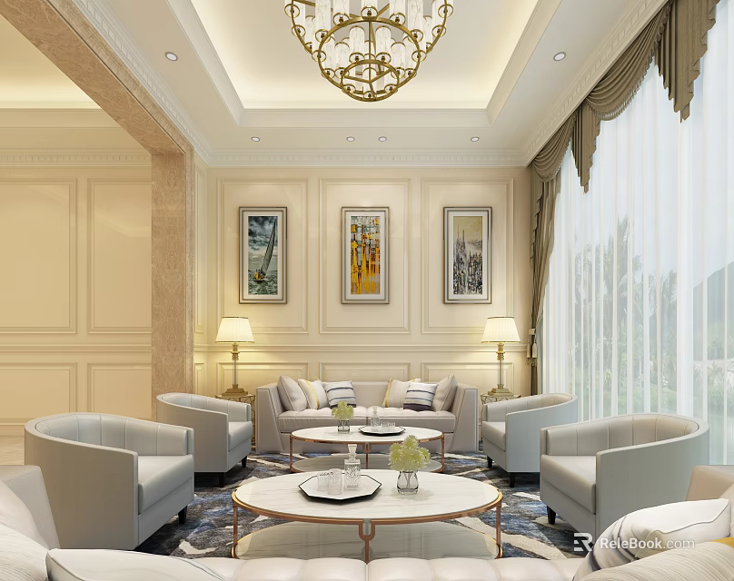 Elegant Living Room Interior Design With Chandelier Decorative Paintings Sofas And Coffee Tables 3d model 