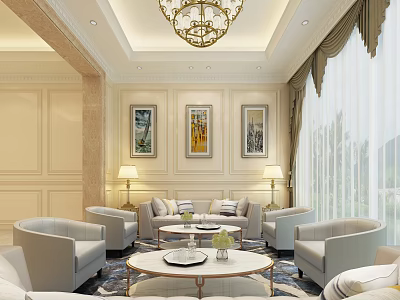 Elegant Living Room Interior Design With Chandelier Decorative Paintings Sofas And Coffee Tables 3d model