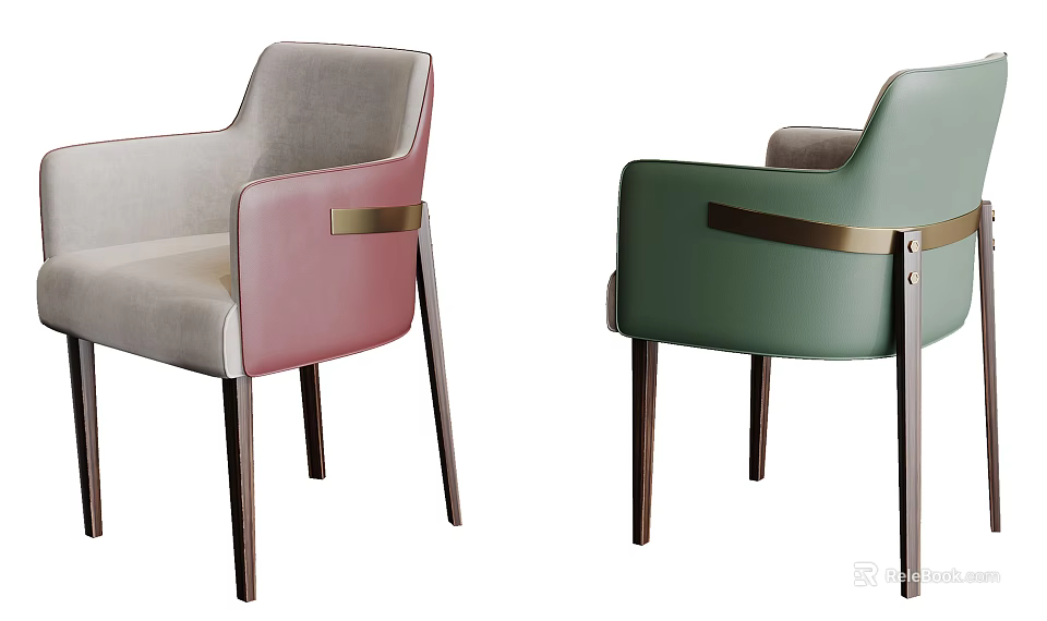 Modern Upholstered Dining Chairs With Pink Green Colors Brass Accents And Wooden Legs 3d model 