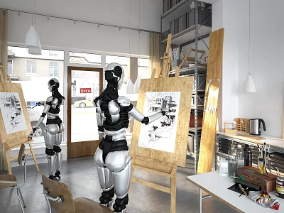 Cartoon Scene Of Robots Drawing In Art Studio With Easels Paintings And Art Supplies 3d model