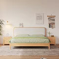 Wooden Double Bed With Light Headboard Green Blue Bedding Nightstand In Modern Cozy Bedroom