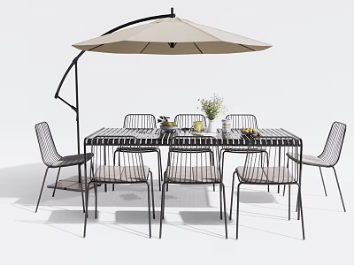 Outdoor Table with Metal Frame Chairs Beige Cantilever Umbrella and Flower Vase on Patio 3d model