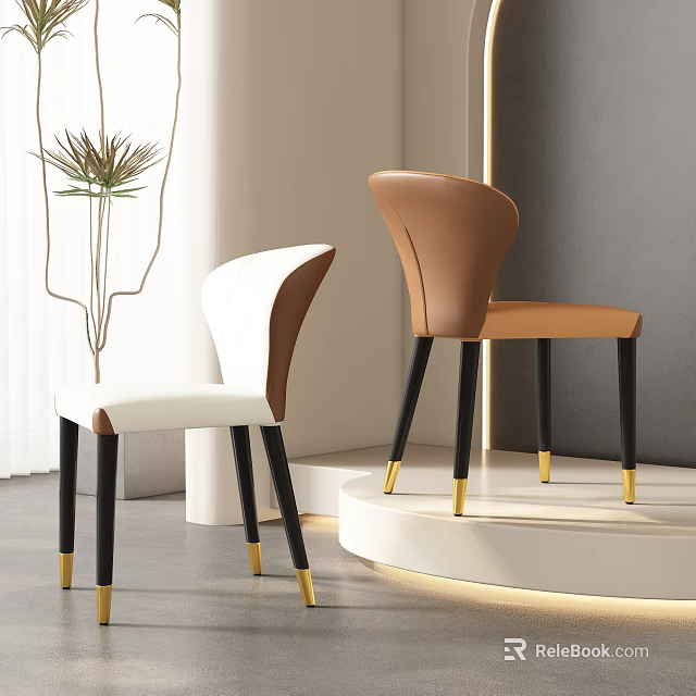 Modern Minimalist Dining Chairs With White And Brown Upholstery Black Legs And Gold Feet 3d model 